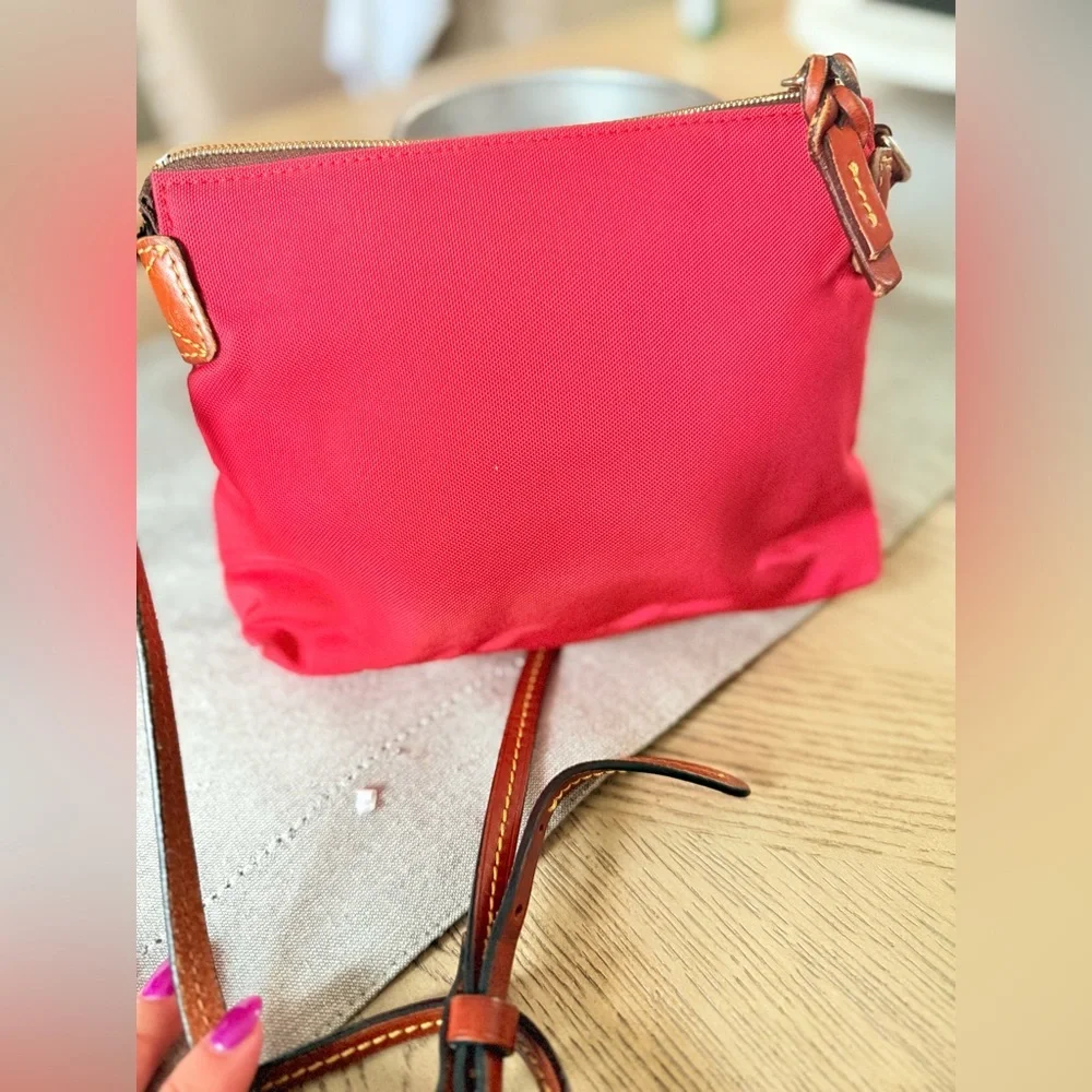 Dooney & Bourke Red Nylon Crossbody Pouchette Shoulder Bag Brown Leather Strap